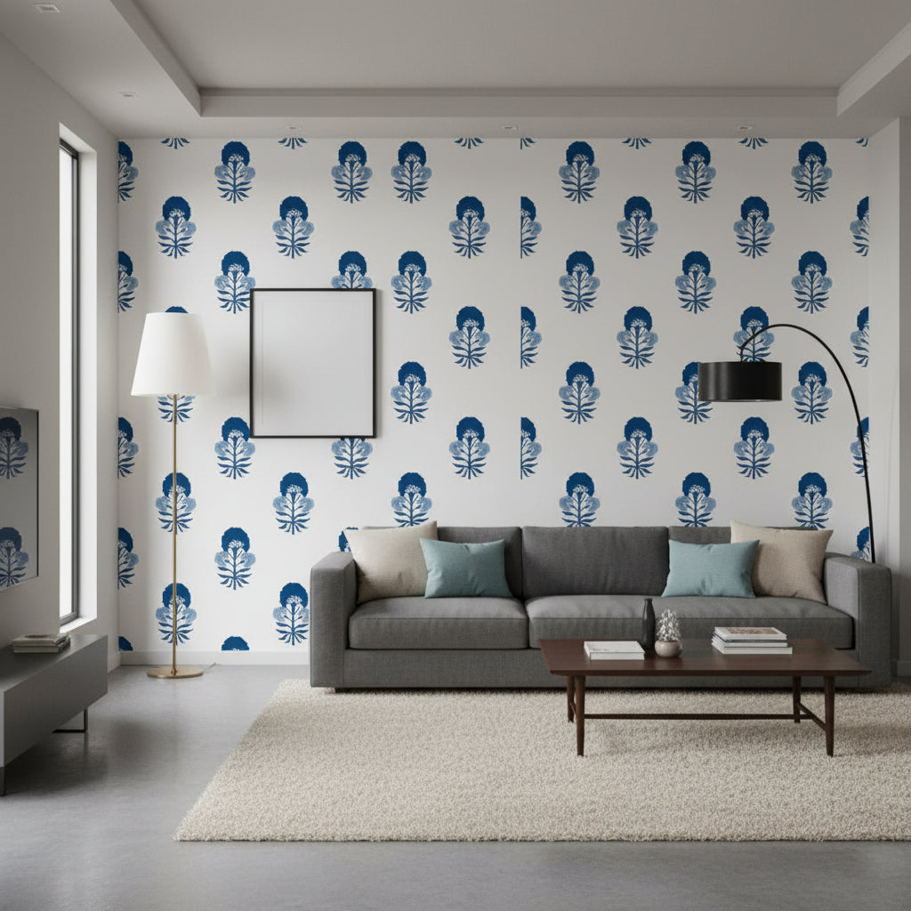 TYBEE BUD Blue and White | Thibaut Wallcoverings - Living Room Visualization (AI-generated, may not be to scale. Verify pattern scale with product specifications.)