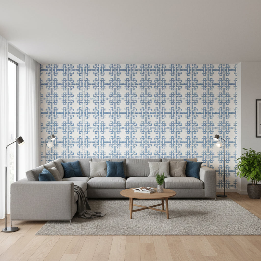 BOCA BAMBOO Blue | Thibaut Wallcoverings - Living Room Visualization (AI-generated, may not be to scale. Verify pattern scale with product specifications.)