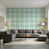 BOCA BAMBOO Green and Blue | Thibaut Wallcoverings - Living Room Visualization (AI-generated, may not be to scale. Verify pattern scale with product specifications.)