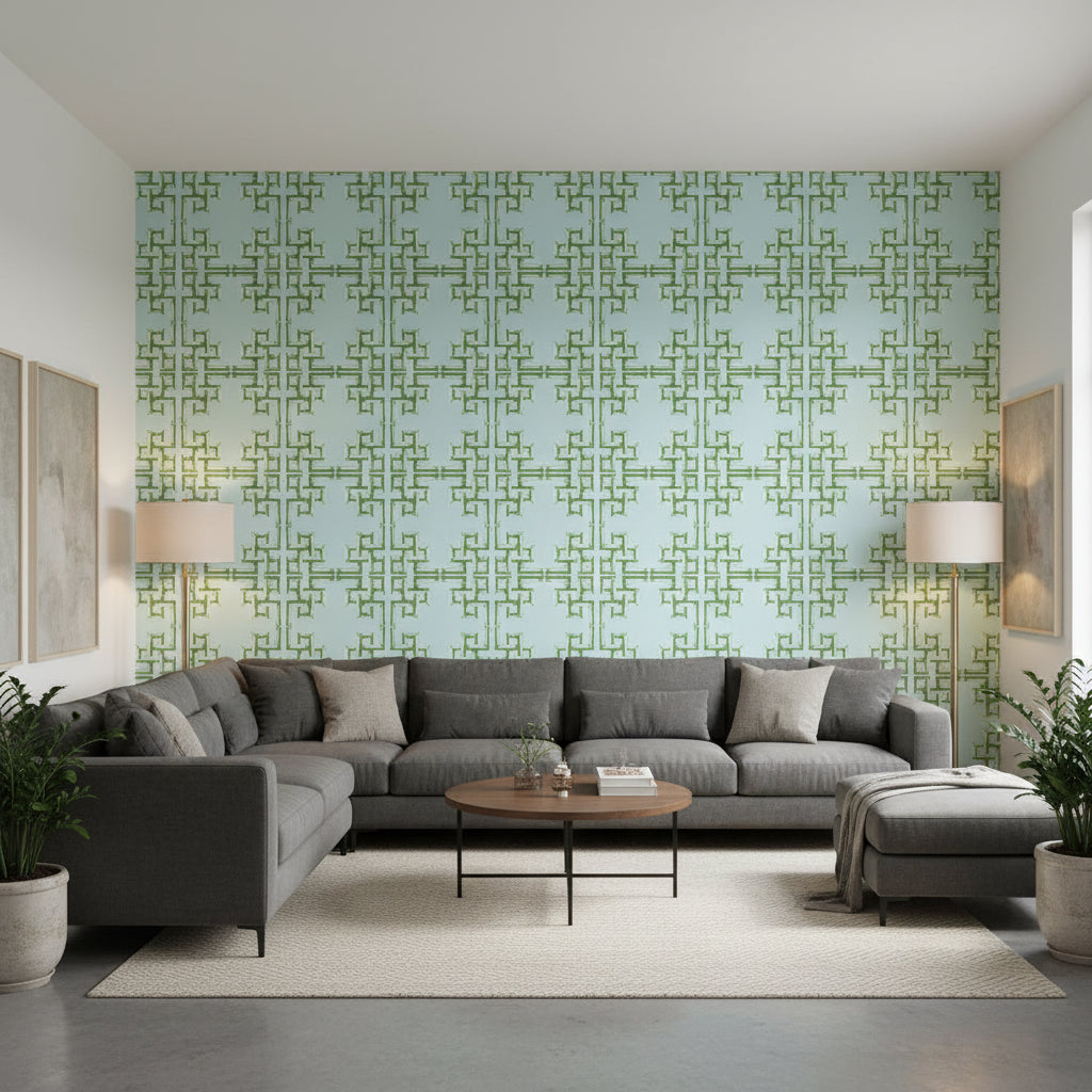 BOCA BAMBOO Green and Blue | Thibaut Wallcoverings - Living Room Visualization (AI-generated, may not be to scale. Verify pattern scale with product specifications.)
