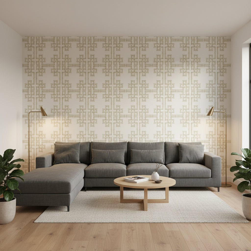 BOCA BAMBOO Beige | Thibaut Wallcoverings - Living Room Visualization (AI-generated, may not be to scale. Verify pattern scale with product specifications.)