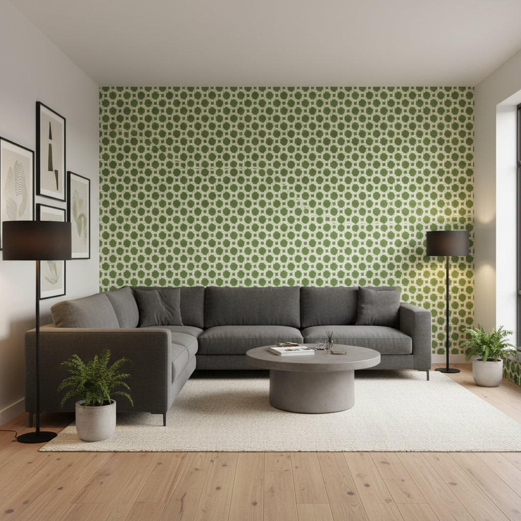 CHARTER Green | Thibaut Wallcoverings - Living Room Visualization (AI-generated, may not be to scale. Verify pattern scale with product specifications.)