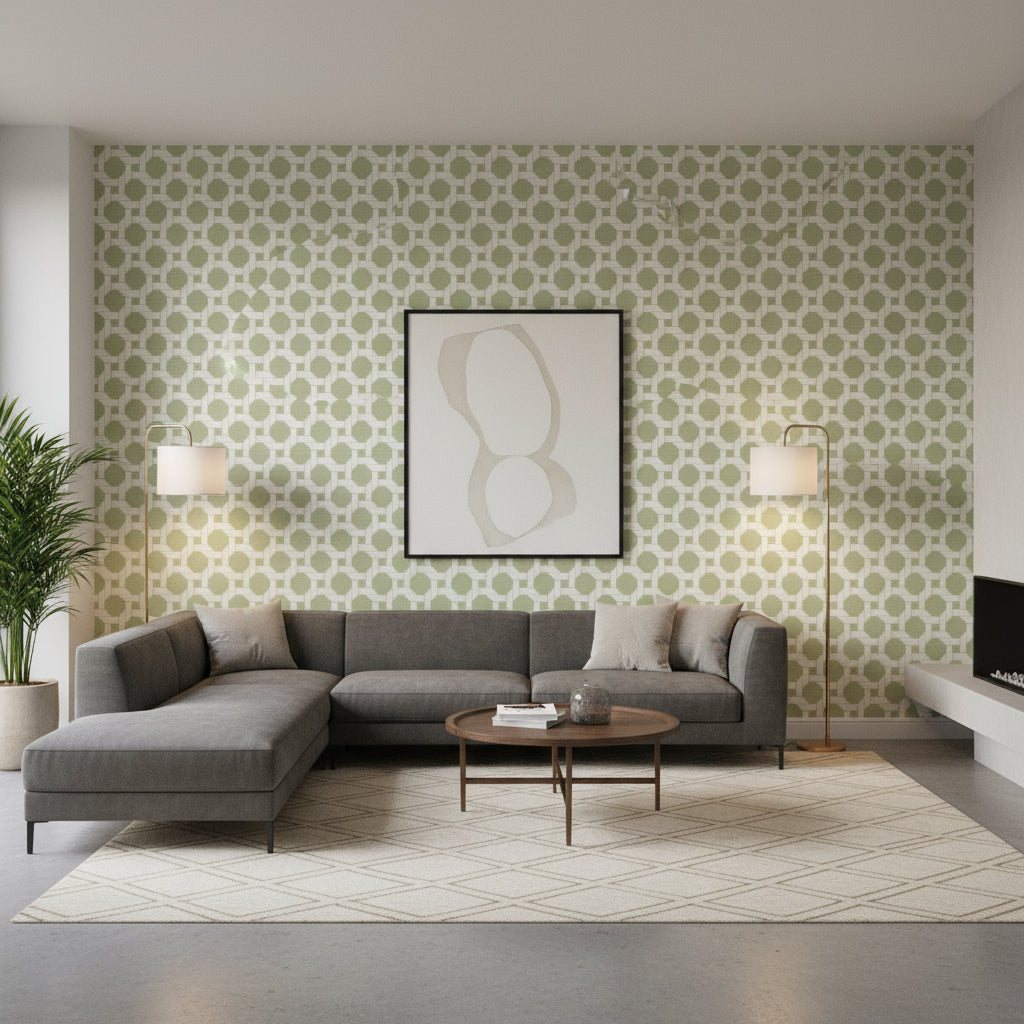 CHARTER Sage | Thibaut Wallcoverings - Living Room Visualization (AI-generated, may not be to scale. Verify pattern scale with product specifications.)
