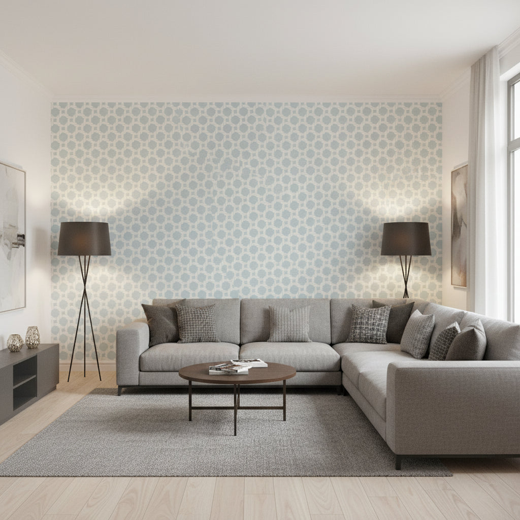 CHARTER Spa Blue | Thibaut Wallcoverings - Living Room Visualization (AI-generated, may not be to scale. Verify pattern scale with product specifications.)
