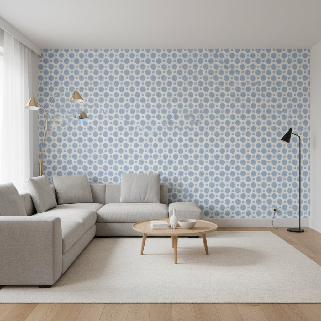 CHARTER Blue | Thibaut Wallcoverings - Living Room Visualization (AI-generated, may not be to scale. Verify pattern scale with product specifications.)