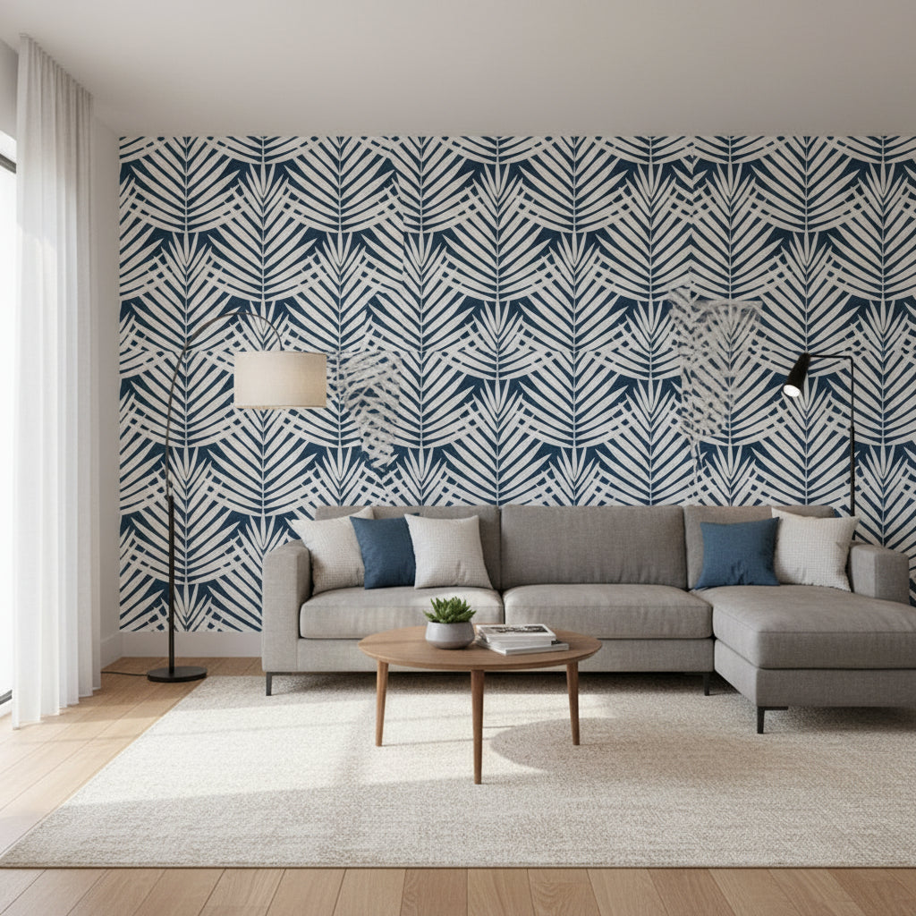 CROATIA Navy | Thibaut Wallcoverings - Living Room Visualization (AI-generated, may not be to scale. Verify pattern scale with product specifications.)