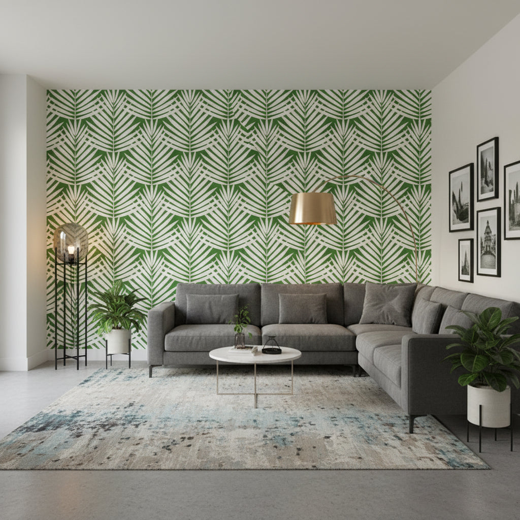 CROATIA Green | Thibaut Wallcoverings - Living Room Visualization (AI-generated, may not be to scale. Verify pattern scale with product specifications.)