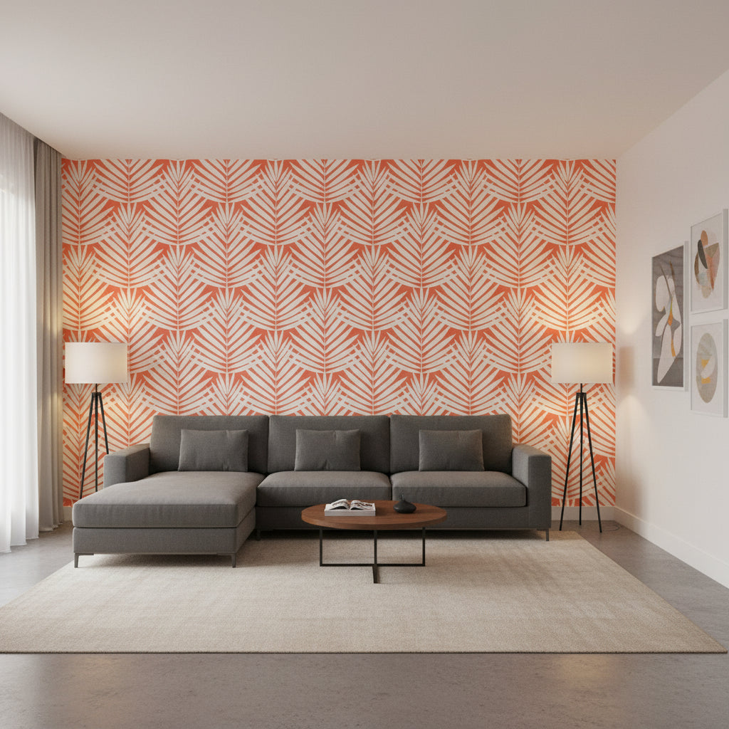 CROATIA Coral | Thibaut Wallcoverings - Living Room Visualization (AI-generated, may not be to scale. Verify pattern scale with product specifications.)