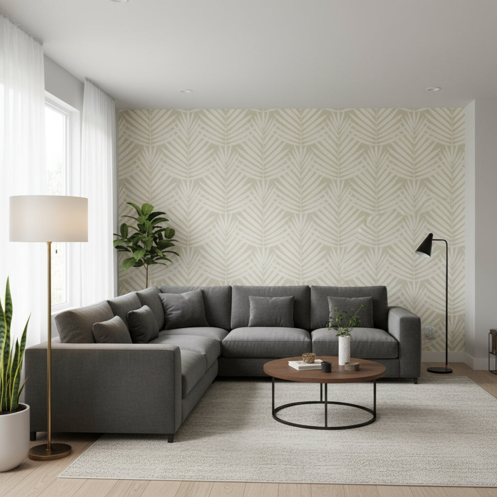 CROATIA Beige | Thibaut Wallcoverings - Living Room Visualization (AI-generated, may not be to scale. Verify pattern scale with product specifications.)