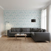 CROATIA Spa Blue | Thibaut Wallcoverings - Living Room Visualization (AI-generated, may not be to scale. Verify pattern scale with product specifications.)