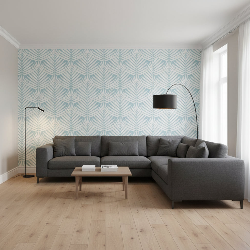 CROATIA Spa Blue | Thibaut Wallcoverings - Living Room Visualization (AI-generated, may not be to scale. Verify pattern scale with product specifications.)