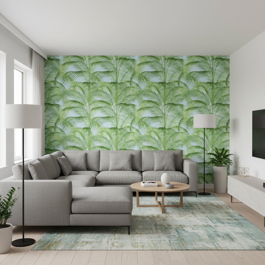 DELRAY Green and Blue | Thibaut Wallcoverings - Living Room Visualization (AI-generated, may not be to scale. Verify pattern scale with product specifications.)