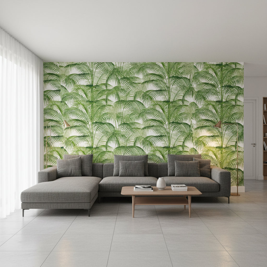 DELRAY Green | Thibaut Wallcoverings - Living Room Visualization (AI-generated, may not be to scale. Verify pattern scale with product specifications.)