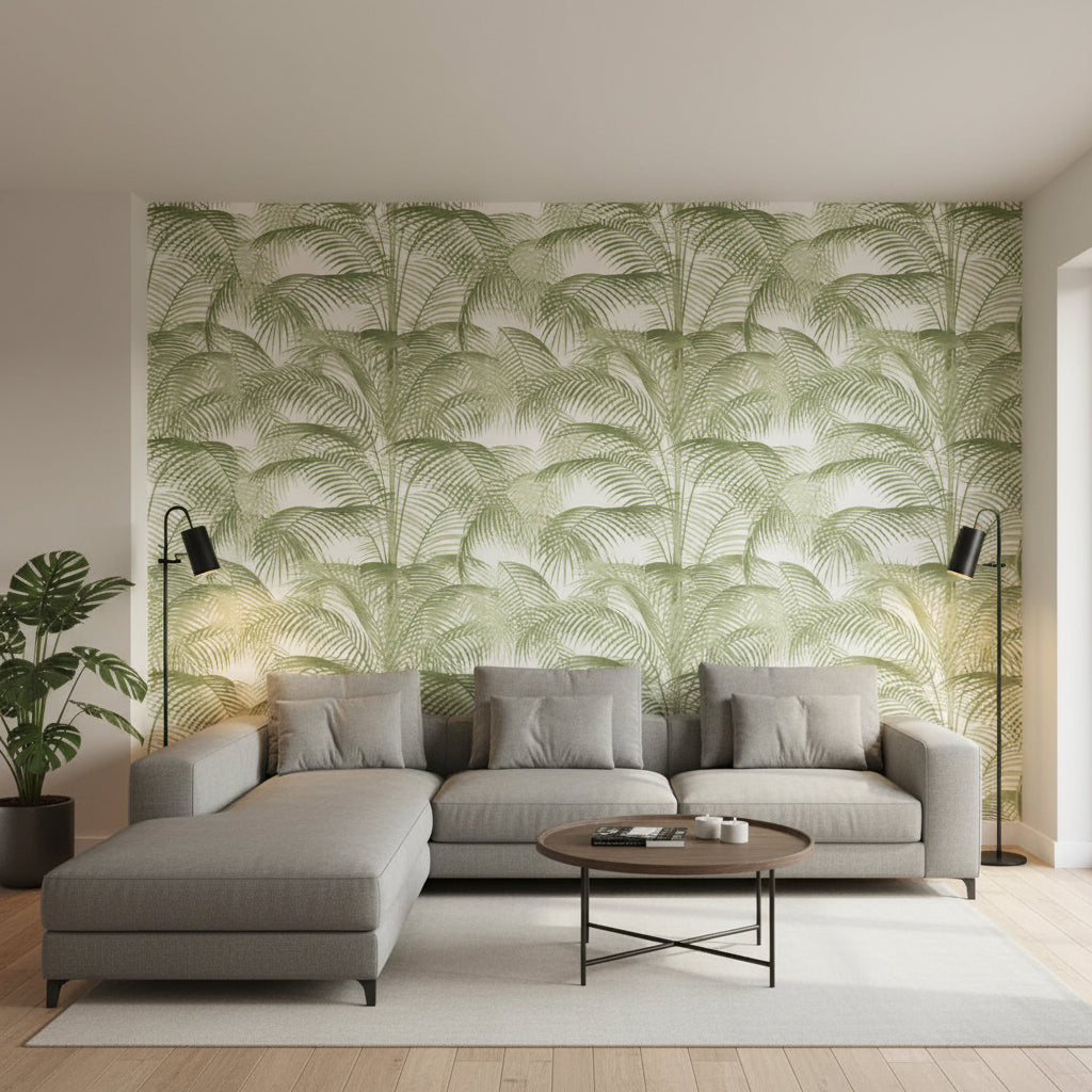 DELRAY Sage | Thibaut Wallcoverings - Living Room Visualization (AI-generated, may not be to scale. Verify pattern scale with product specifications.)
