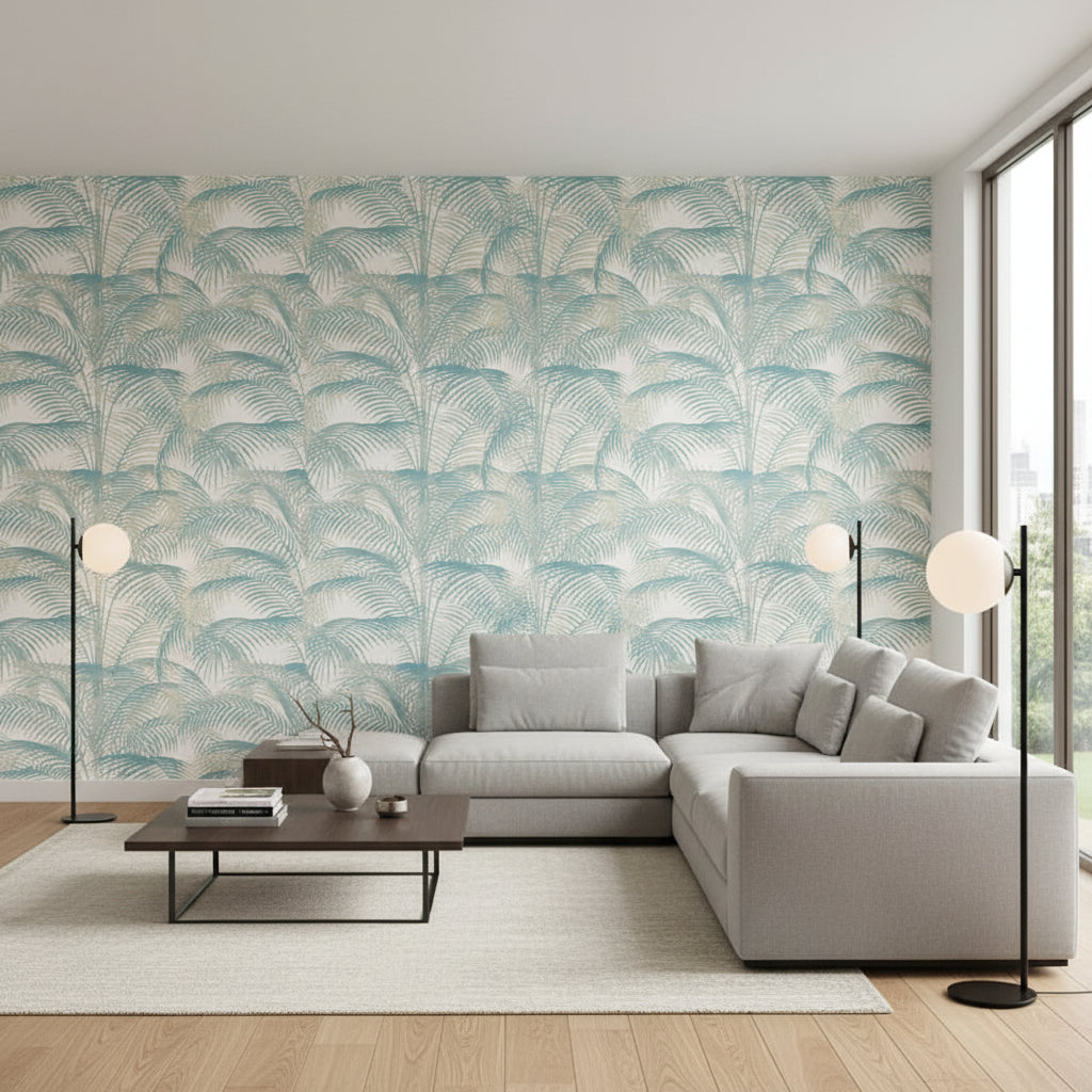 DELRAY Spa Blue | Thibaut Wallcoverings - Living Room Visualization (AI-generated, may not be to scale. Verify pattern scale with product specifications.)
