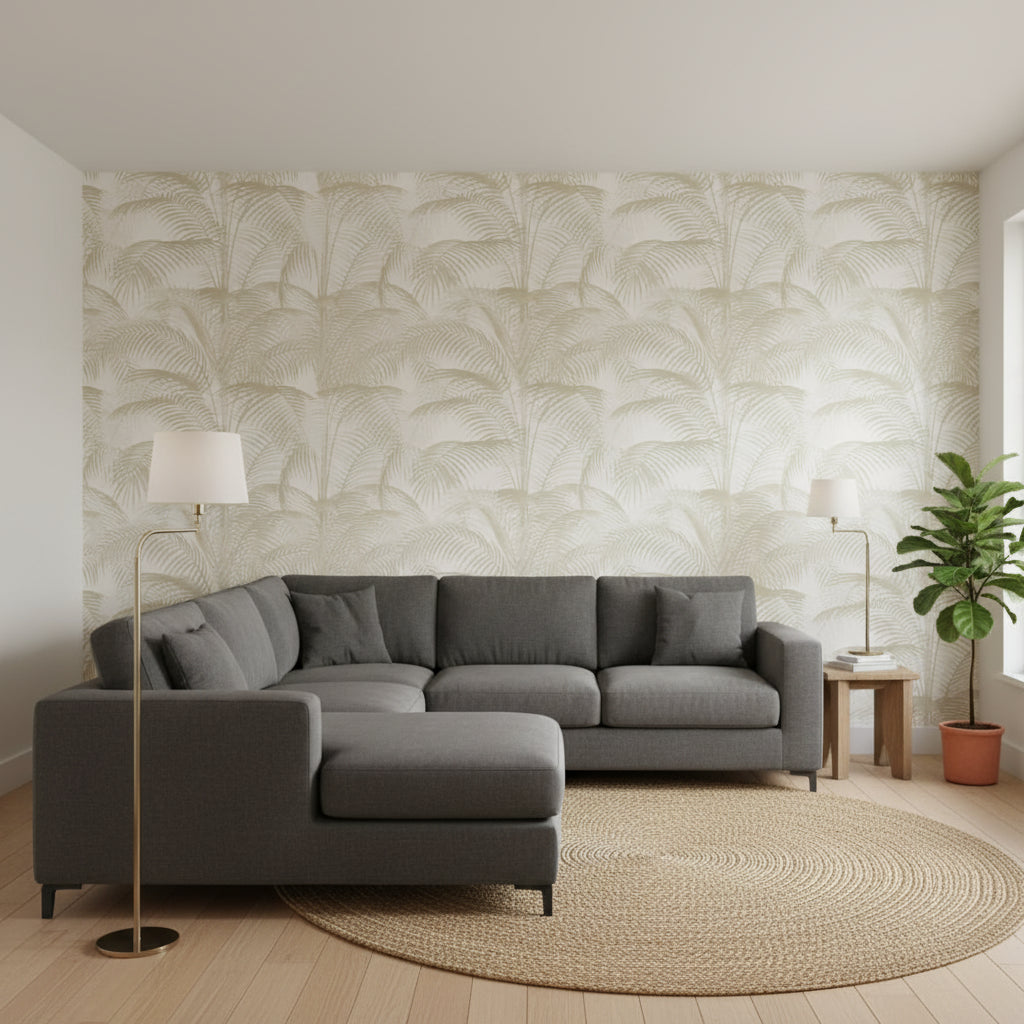 DELRAY Pearl | Thibaut Wallcoverings - Living Room Visualization (AI-generated, may not be to scale. Verify pattern scale with product specifications.)