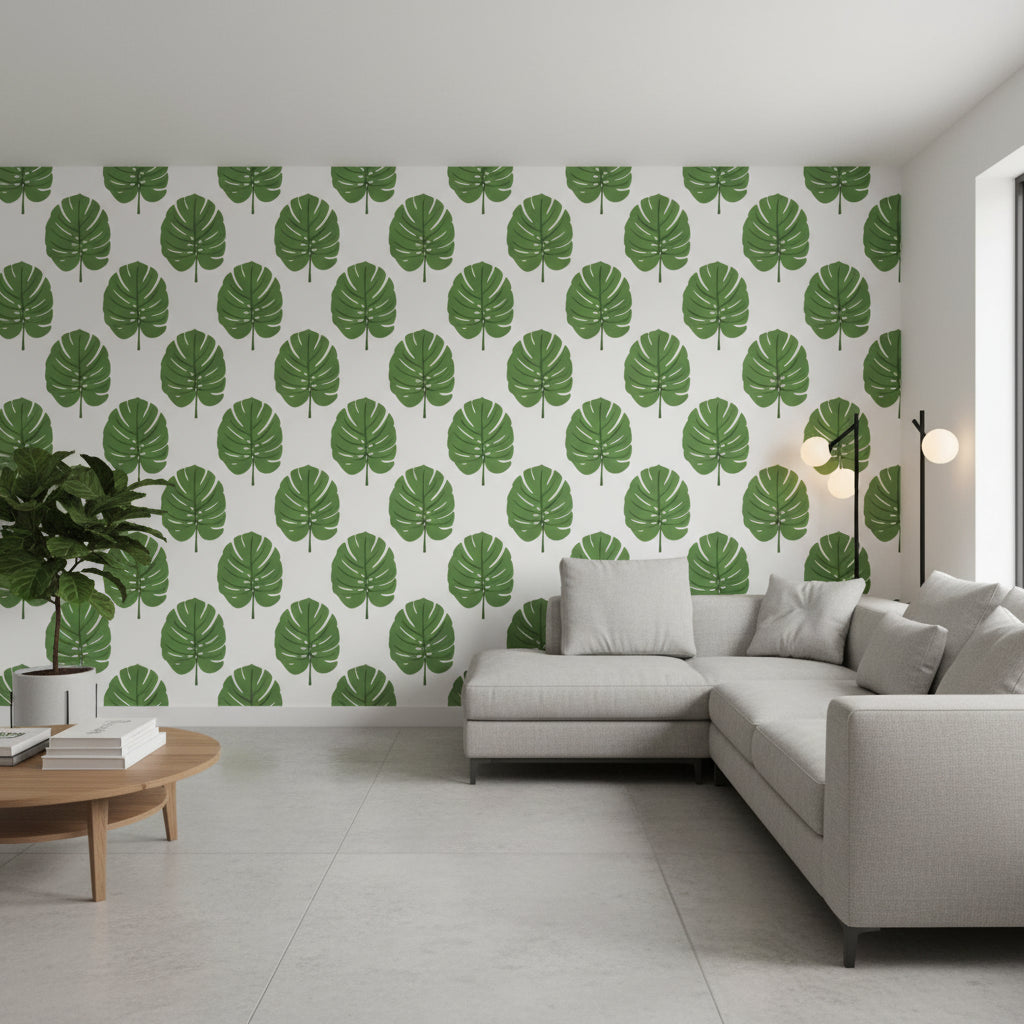 MONSTERA Green | Thibaut Wallcoverings - Living Room Visualization (AI-generated, may not be to scale. Verify pattern scale with product specifications.)