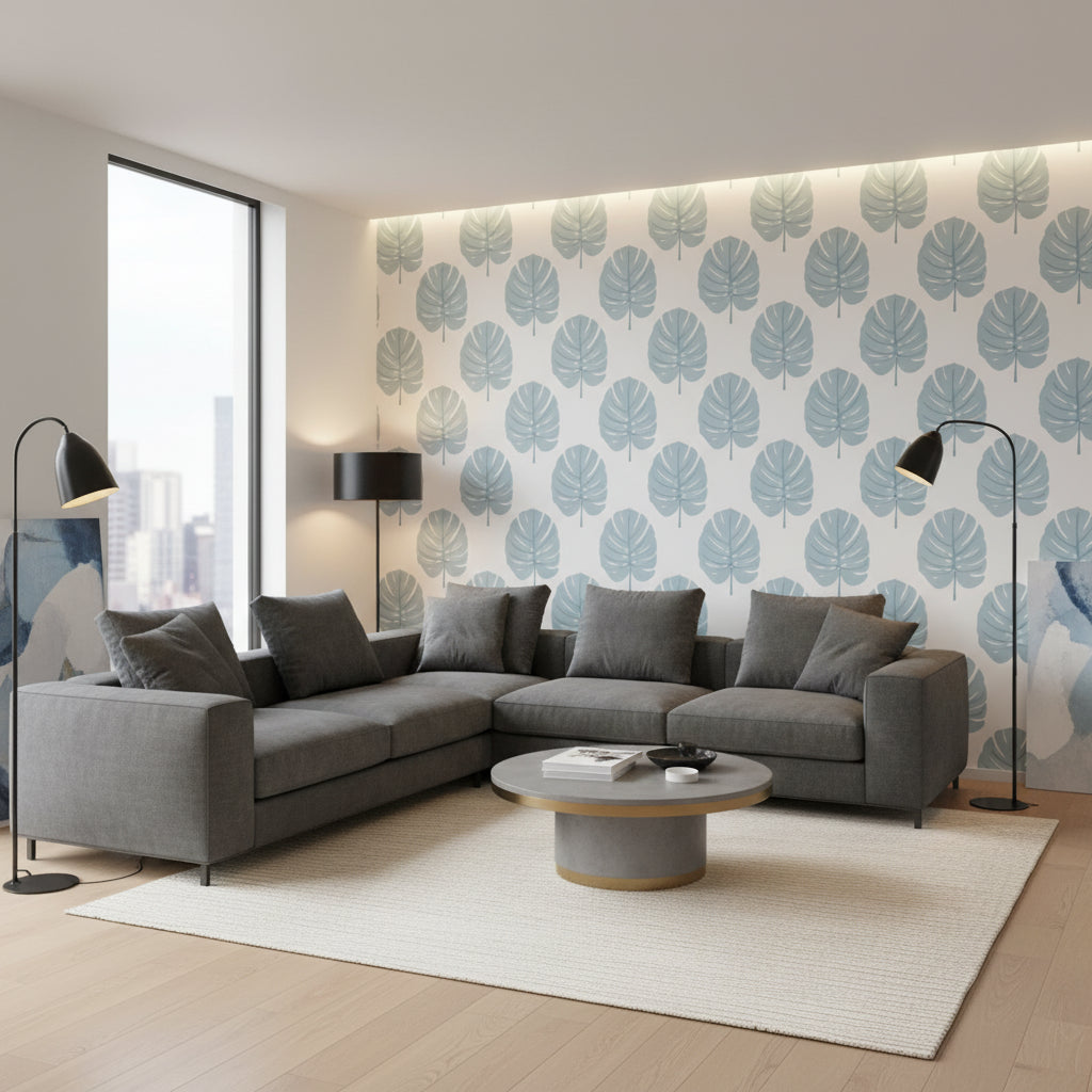 MONSTERA Spa Blue | Thibaut Wallcoverings - Living Room Visualization (AI-generated, may not be to scale. Verify pattern scale with product specifications.)