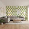 MONSTERA Apple Green | Thibaut Wallcoverings - Living Room Visualization (AI-generated, may not be to scale. Verify pattern scale with product specifications.)