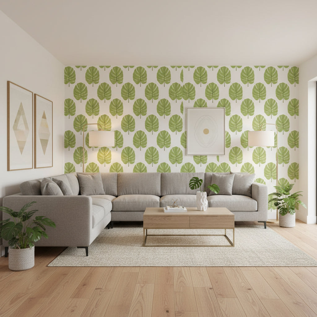 MONSTERA Apple Green | Thibaut Wallcoverings - Living Room Visualization (AI-generated, may not be to scale. Verify pattern scale with product specifications.)