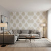 MONSTERA Beige | Thibaut Wallcoverings - Living Room Visualization (AI-generated, may not be to scale. Verify pattern scale with product specifications.)