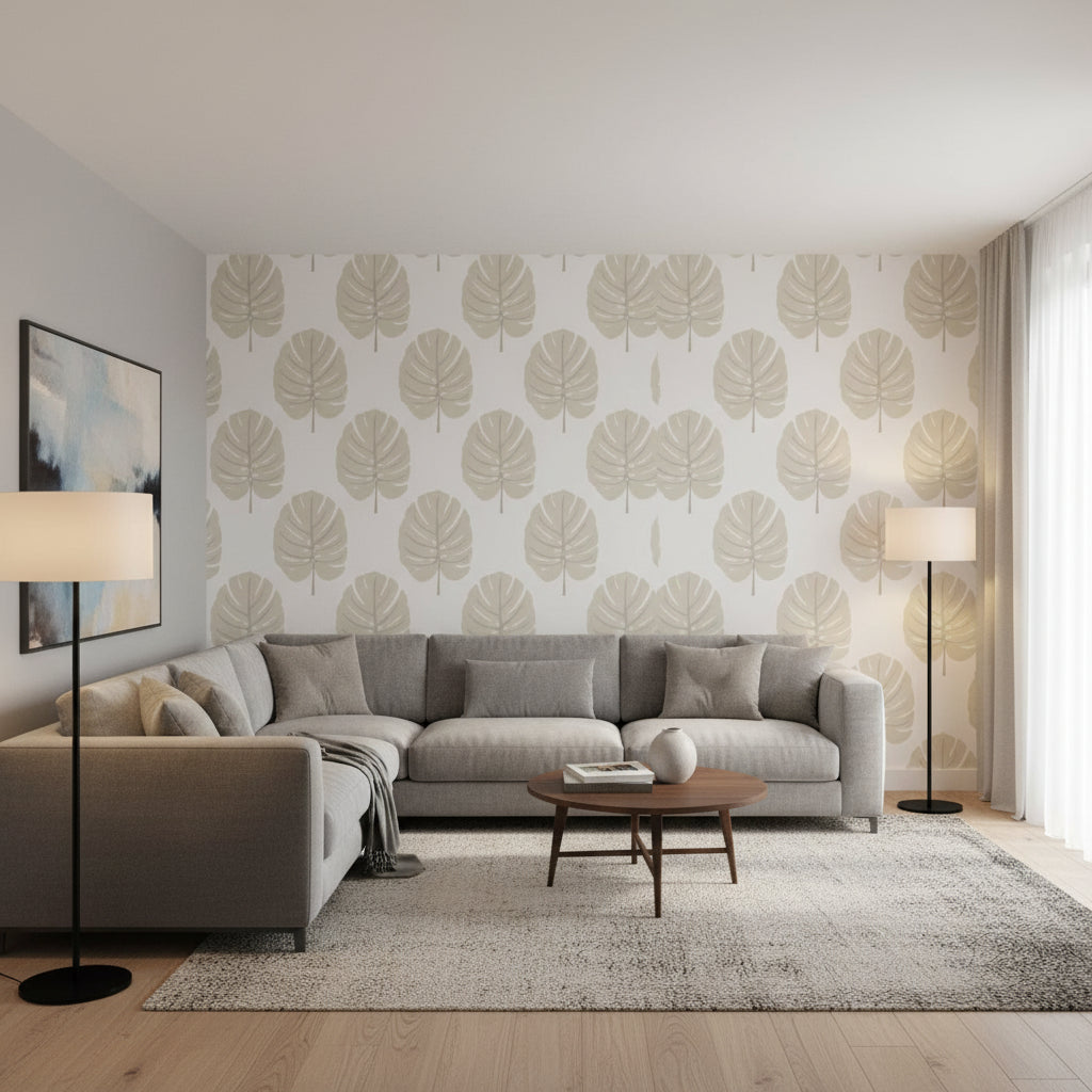 MONSTERA Beige | Thibaut Wallcoverings - Living Room Visualization (AI-generated, may not be to scale. Verify pattern scale with product specifications.)