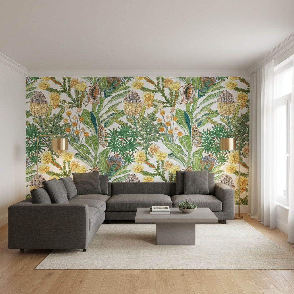 PROTEA Brights | Thibaut Wallcoverings - Living Room Visualization (AI-generated, may not be to scale. Verify pattern scale with product specifications.)