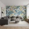 PROTEA Blue | Thibaut Wallcoverings - Living Room Visualization (AI-generated, may not be to scale. Verify pattern scale with product specifications.)