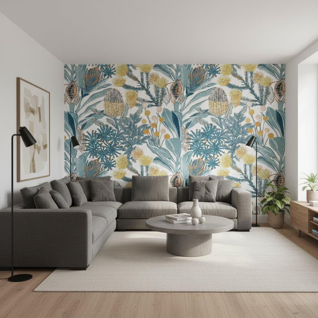 PROTEA Blue | Thibaut Wallcoverings - Living Room Visualization (AI-generated, may not be to scale. Verify pattern scale with product specifications.)