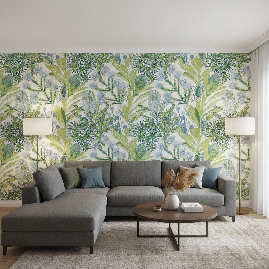 PROTEA Green and Blue | Thibaut Wallcoverings - Living Room Visualization (AI-generated, may not be to scale. Verify pattern scale with product specifications.)