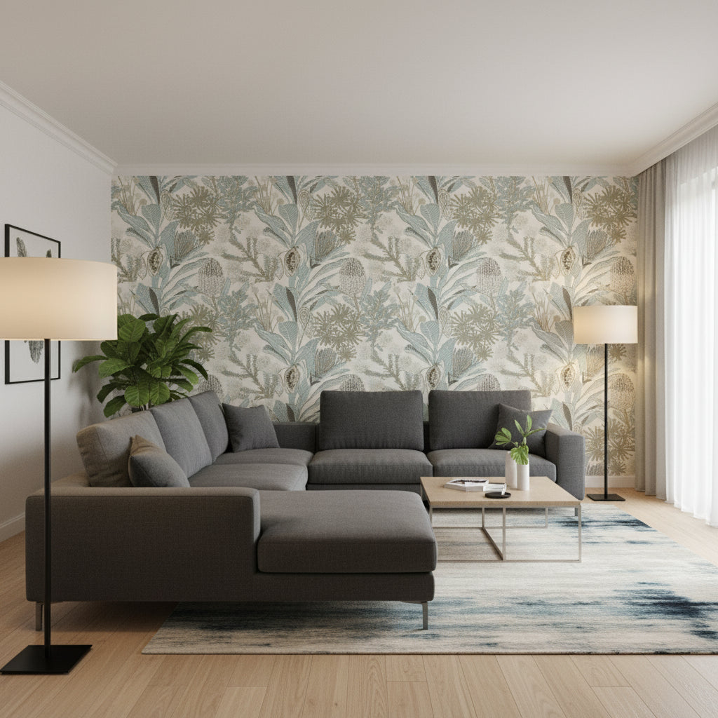 PROTEA Neutral and Spa Blue | Thibaut Wallcoverings - Living Room Visualization (AI-generated, may not be to scale. Verify pattern scale with product specifications.)