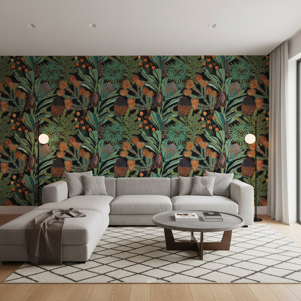 PROTEA Black | Thibaut Wallcoverings - Living Room Visualization (AI-generated, may not be to scale. Verify pattern scale with product specifications.)