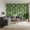 QUEEN PALM Green | Thibaut Wallcoverings - Living Room Visualization (AI-generated, may not be to scale. Verify pattern scale with product specifications.)