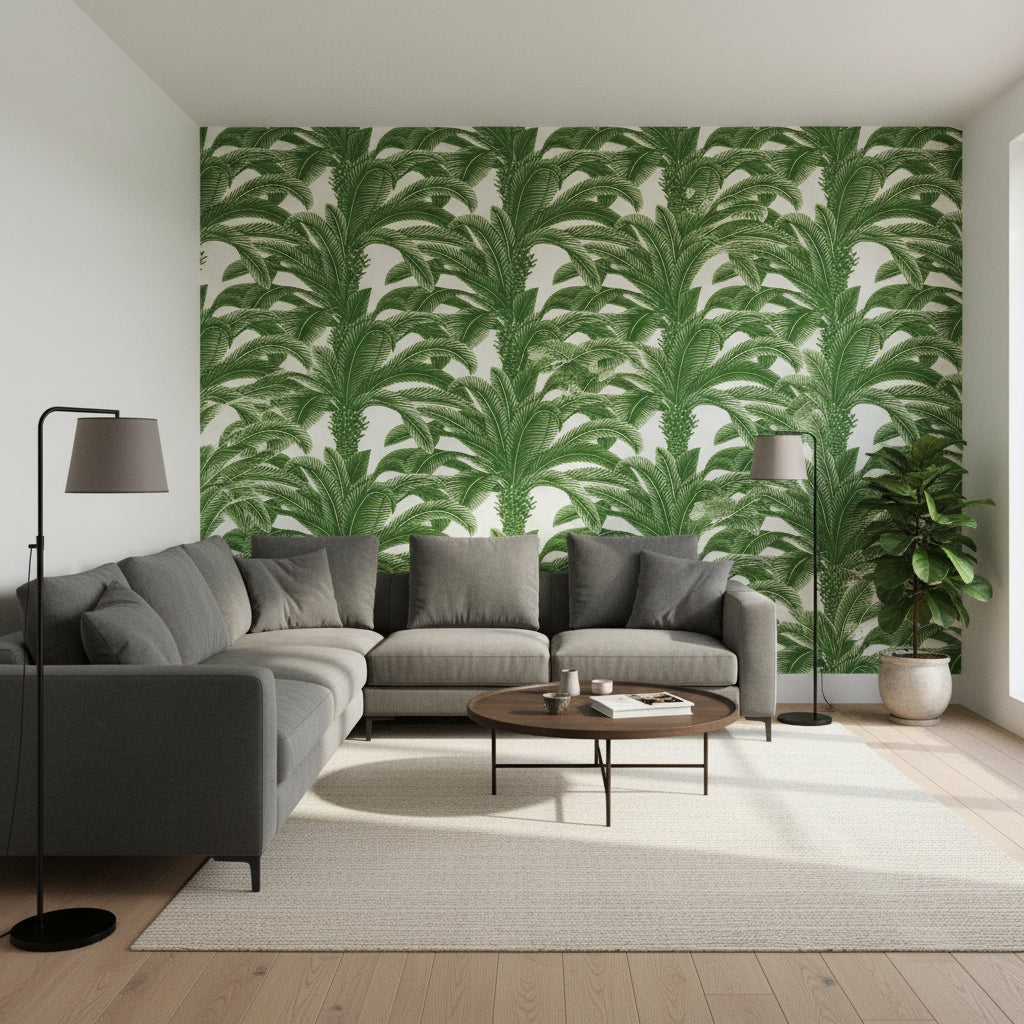 QUEEN PALM Green | Thibaut Wallcoverings - Living Room Visualization (AI-generated, may not be to scale. Verify pattern scale with product specifications.)