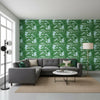 QUEEN PALM Green and Blue | Thibaut Wallcoverings - Living Room Visualization (AI-generated, may not be to scale. Verify pattern scale with product specifications.)