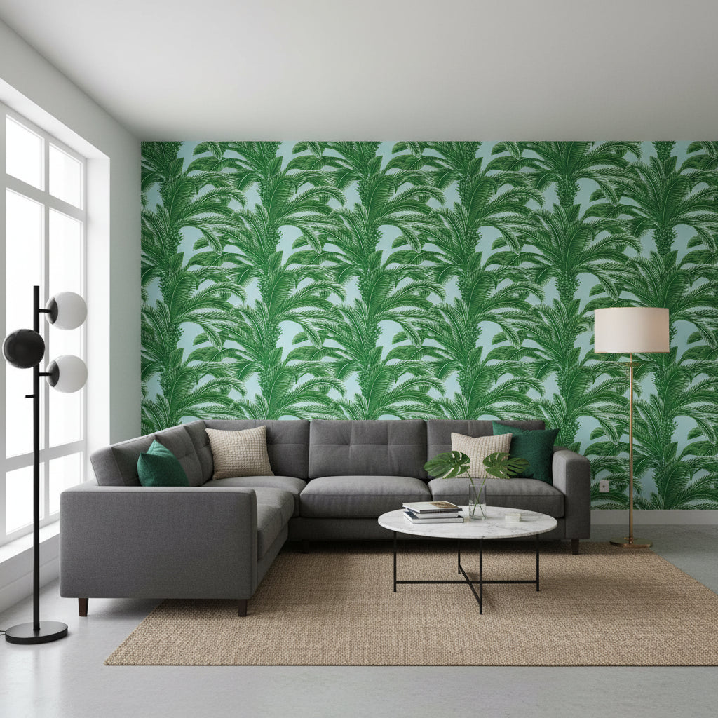 QUEEN PALM Green and Blue | Thibaut Wallcoverings - Living Room Visualization (AI-generated, may not be to scale. Verify pattern scale with product specifications.)