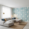 QUEEN PALM Spa Blue | Thibaut Wallcoverings - Living Room Visualization (AI-generated, may not be to scale. Verify pattern scale with product specifications.)