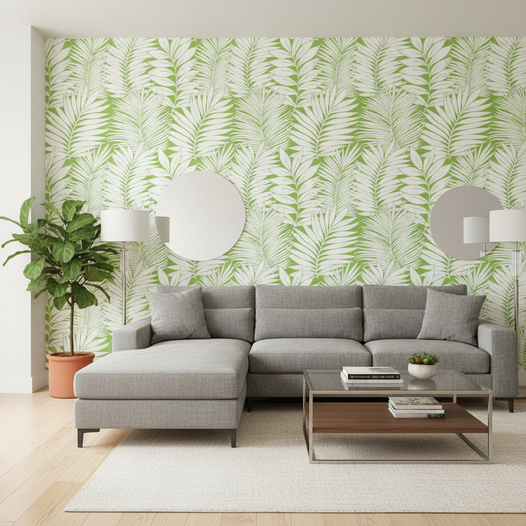 SIESTA KEY Green | Thibaut Wallcoverings - Living Room Visualization (AI-generated, may not be to scale. Verify pattern scale with product specifications.)