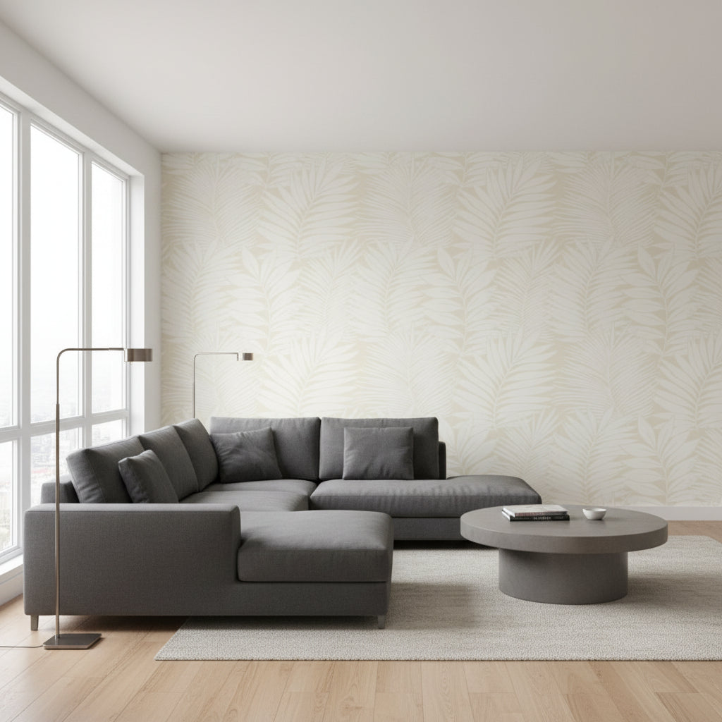 SIESTA KEY Beige | Thibaut Wallcoverings - Living Room Visualization (AI-generated, may not be to scale. Verify pattern scale with product specifications.)