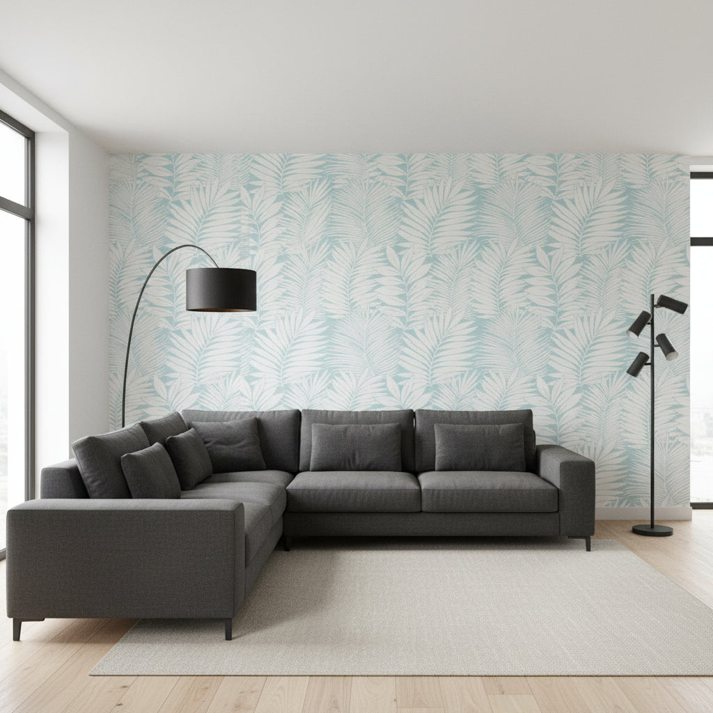 SIESTA KEY Spa Blue | Thibaut Wallcoverings - Living Room Visualization (AI-generated, may not be to scale. Verify pattern scale with product specifications.)