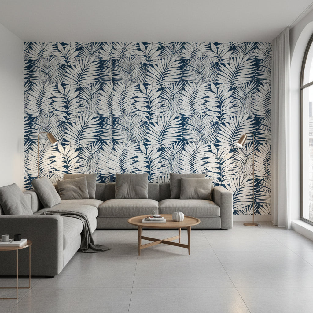 SIESTA KEY Navy | Thibaut Wallcoverings - Living Room Visualization (AI-generated, may not be to scale. Verify pattern scale with product specifications.)
