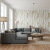 SIESTA KEY Metallic Gold | Thibaut Wallcoverings - Living Room Visualization (AI-generated, may not be to scale. Verify pattern scale with product specifications.)