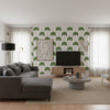 SUNSET BOULEVARD Green | Thibaut Wallcoverings - Living Room Visualization (AI-generated, may not be to scale. Verify pattern scale with product specifications.)