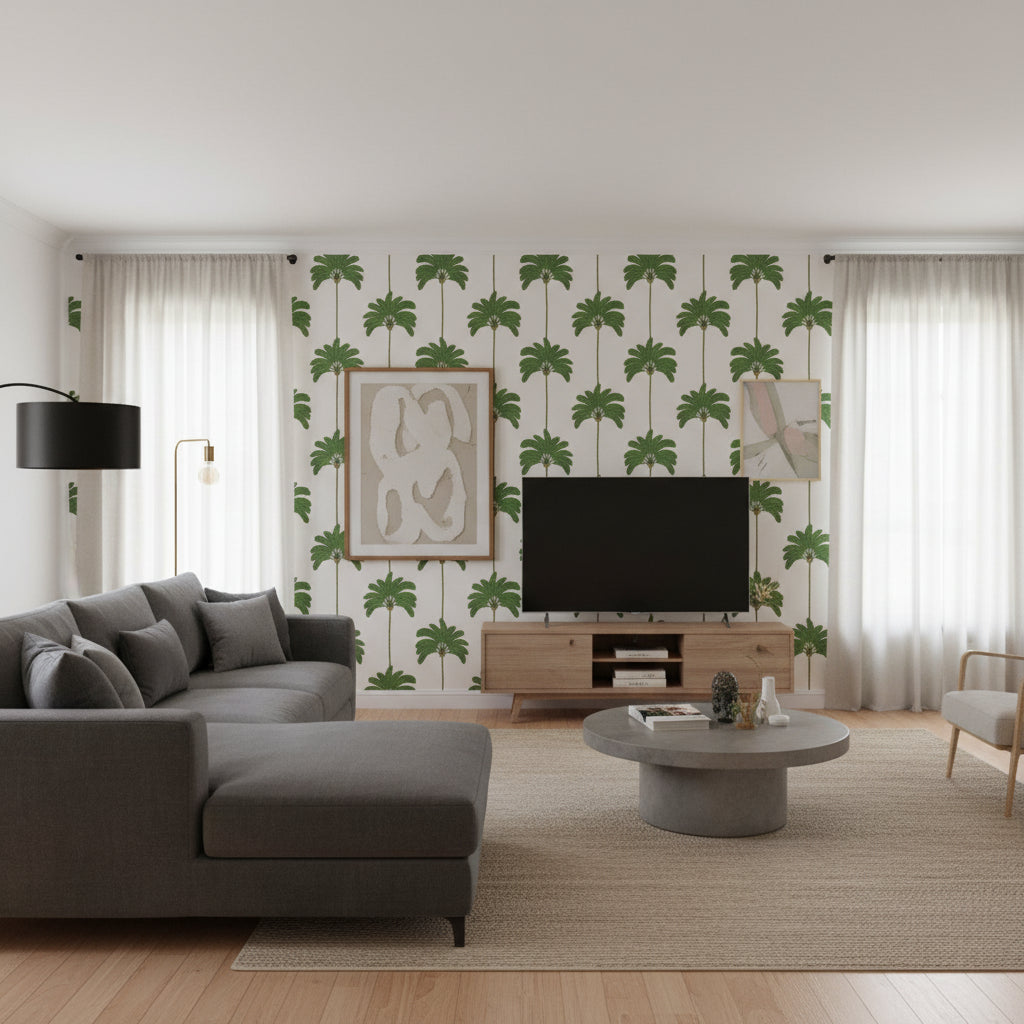 SUNSET BOULEVARD Green | Thibaut Wallcoverings - Living Room Visualization (AI-generated, may not be to scale. Verify pattern scale with product specifications.)