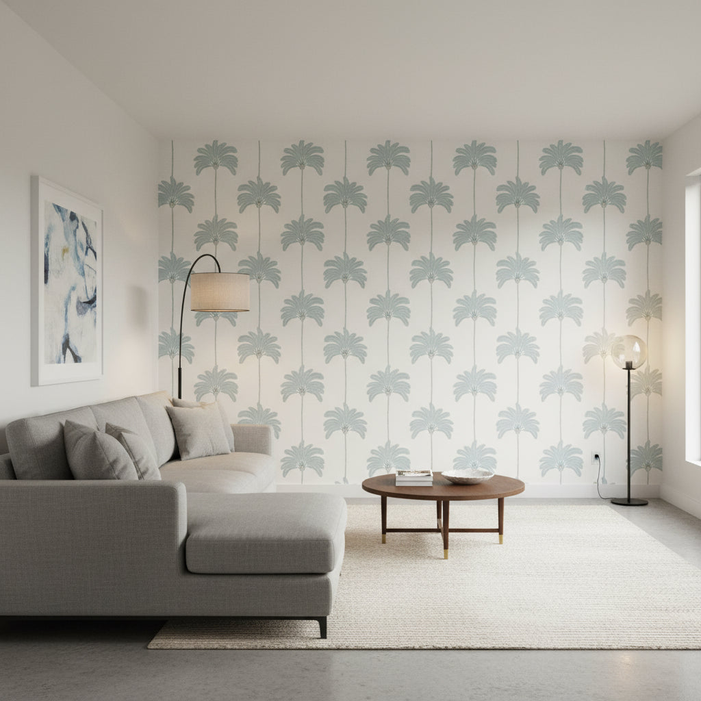 SUNSET BOULEVARD Spa Blue | Thibaut Wallcoverings - Living Room Visualization (AI-generated, may not be to scale. Verify pattern scale with product specifications.)