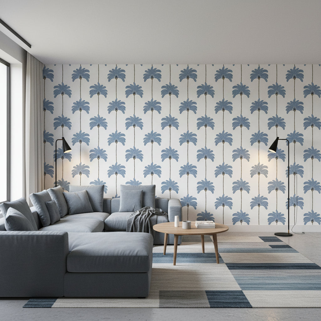 SUNSET BOULEVARD Blue | Thibaut Wallcoverings - Living Room Visualization (AI-generated, may not be to scale. Verify pattern scale with product specifications.)