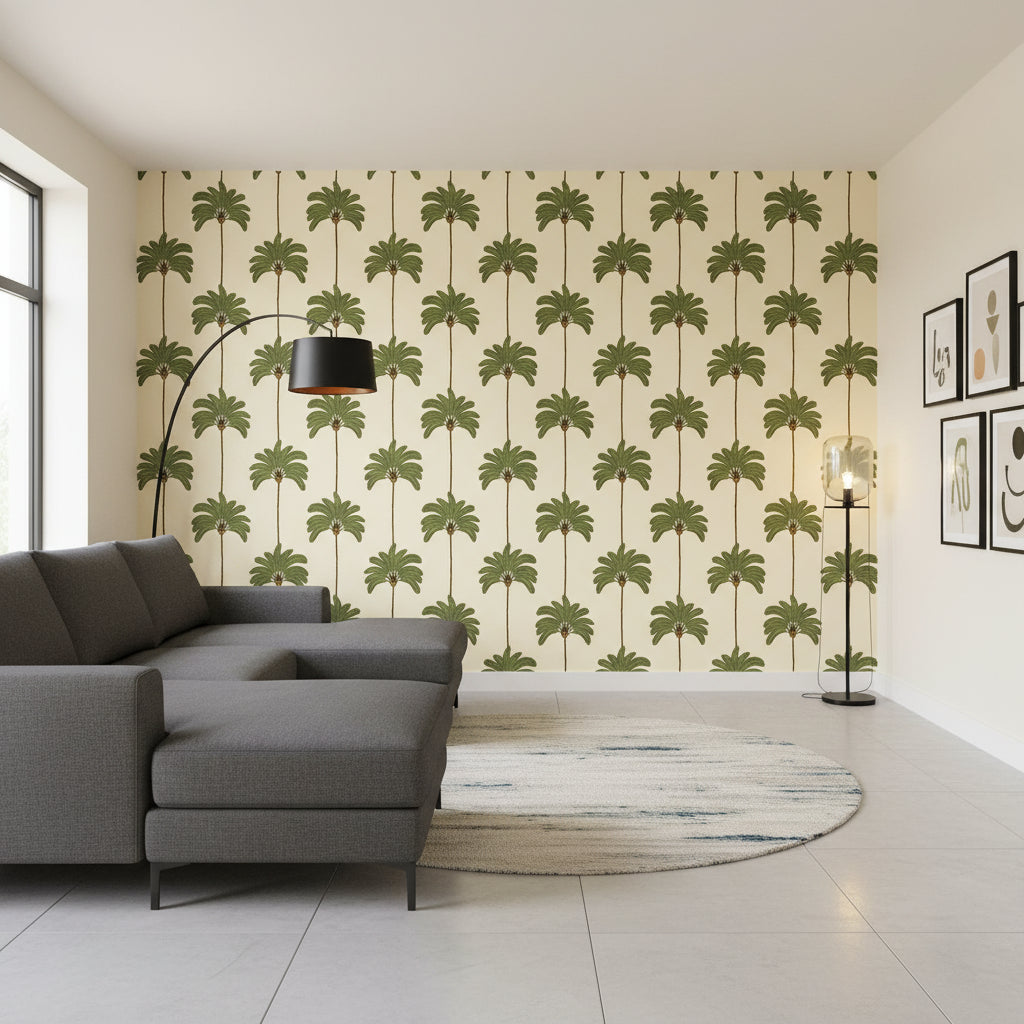 SUNSET BOULEVARD Beige | Thibaut Wallcoverings - Living Room Visualization (AI-generated, may not be to scale. Verify pattern scale with product specifications.)