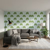 SUNSET BOULEVARD Green and Blue | Thibaut Wallcoverings - Living Room Visualization (AI-generated, may not be to scale. Verify pattern scale with product specifications.)