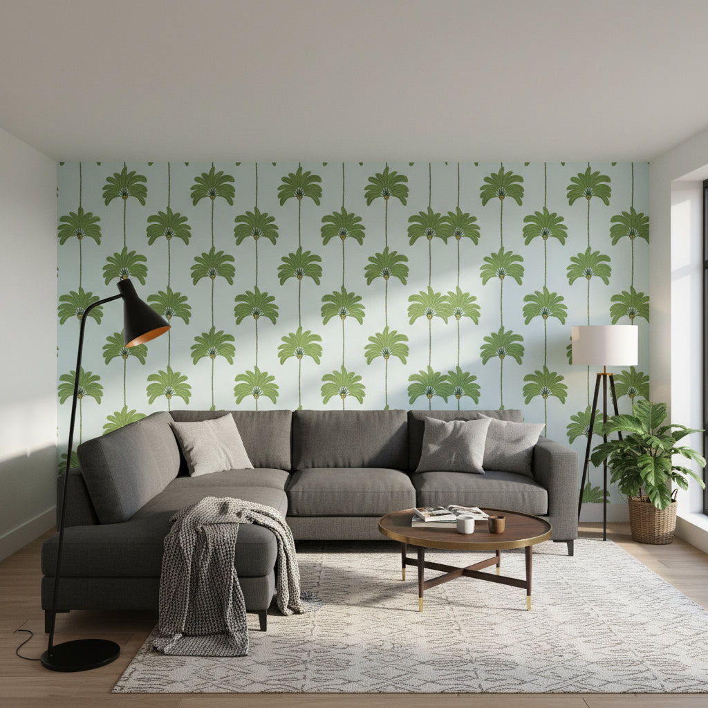 SUNSET BOULEVARD Green and Blue | Thibaut Wallcoverings - Living Room Visualization (AI-generated, may not be to scale. Verify pattern scale with product specifications.)