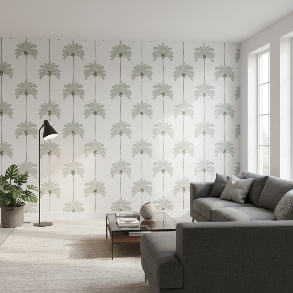 SUNSET BOULEVARD Metallic Silver | Thibaut Wallcoverings - Living Room Visualization (AI-generated, may not be to scale. Verify pattern scale with product specifications.)